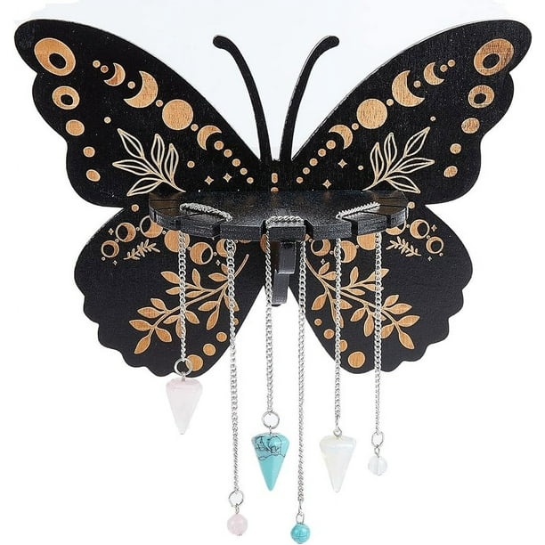 Estante flotante de cristal, estantes de exhibición de cristal de madera, soporte para baratijas de cristal pagano con forma de mariposa con 3 cadenas de péndulo para colgar aceites esenciales,