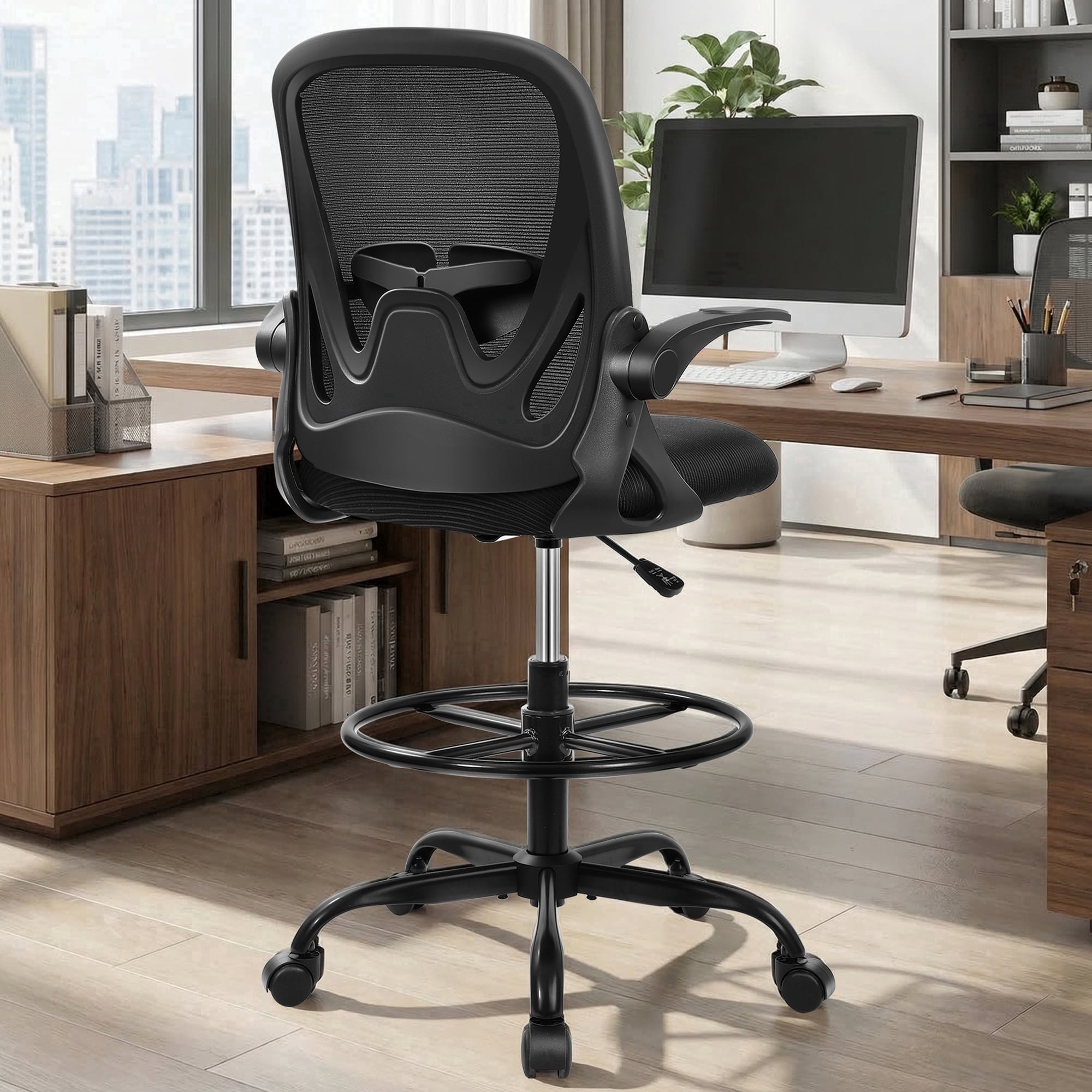 STACOO Ergonomic Office Chair, Drafting Chair with Flip-up Armrests, Executive Computer Standing Desk Chair with Lumbar Support and Adjustable Footrest Ring, Black