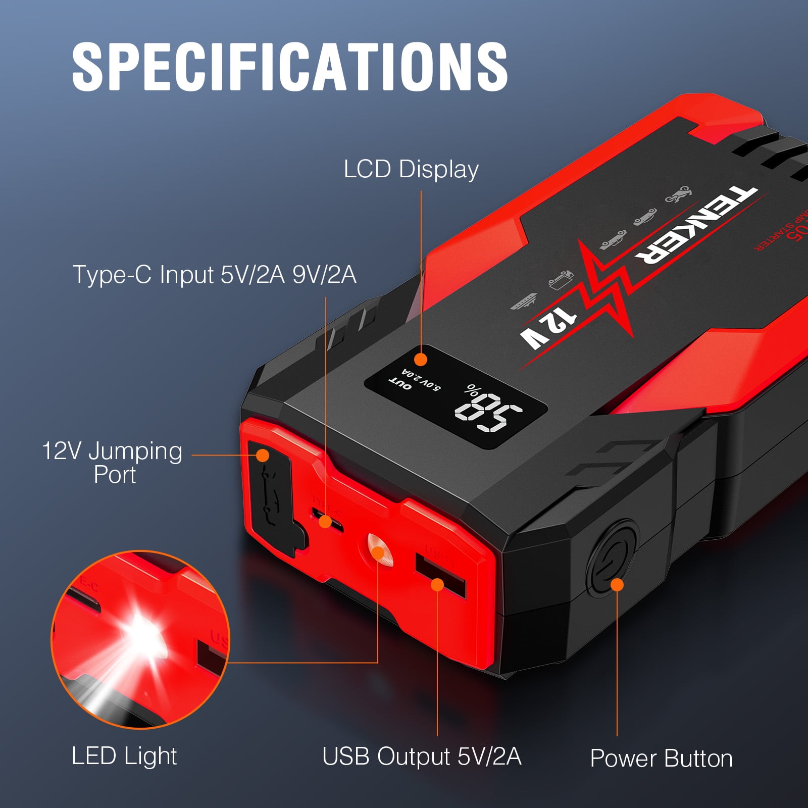Multi-functional Car Jump Starter, 4000A Peak Car Battery Jump Starter, Portable Jump Starter Battery Pack for up to 7.2L Gas and 5.5L Diesel Engines, 12V Auto Battery Booster w/ 3 LED Modes