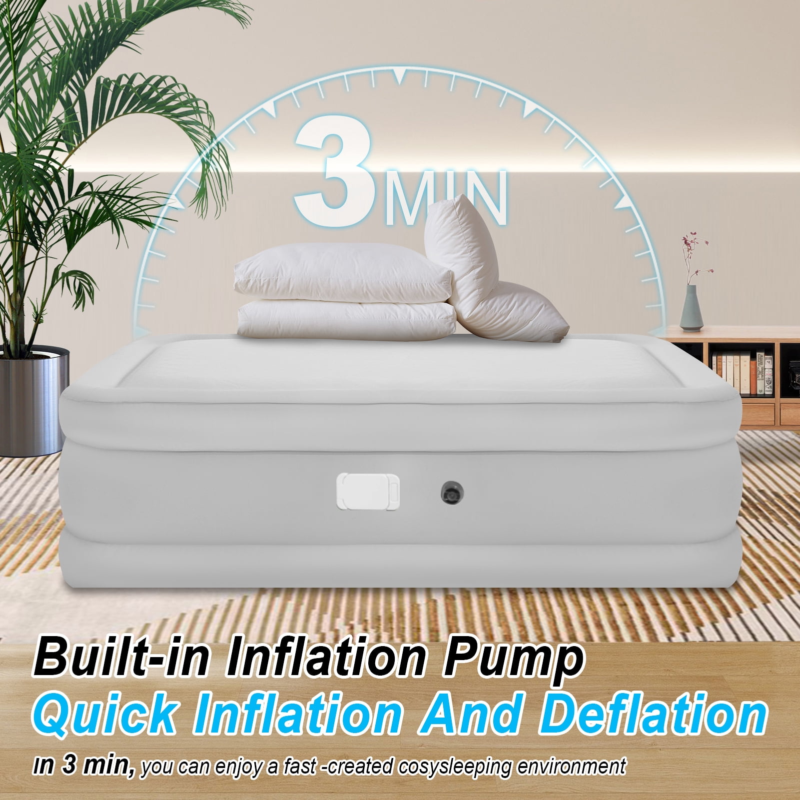 Air Mattress Queen with Built in Pump,Blow Up Mattress with Fiber-Tech, Inflatable Camping Bed, 3-Min Self Inflating with Carrying Bag (18”White Grey)