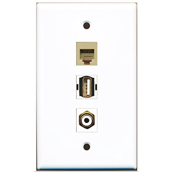 RiteAV - 1 Port RCA White and 1 Port USB A-A and 1 Port Phone RJ11 RJ12 Beige Wall Plate