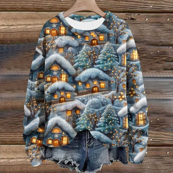 WXLWZYWL Womens Christmas Sweatshirts Cute Xmas Ugly 3D Graphic Print Sweaters Oversized Long Sleeve Round Neck Pullover Tops