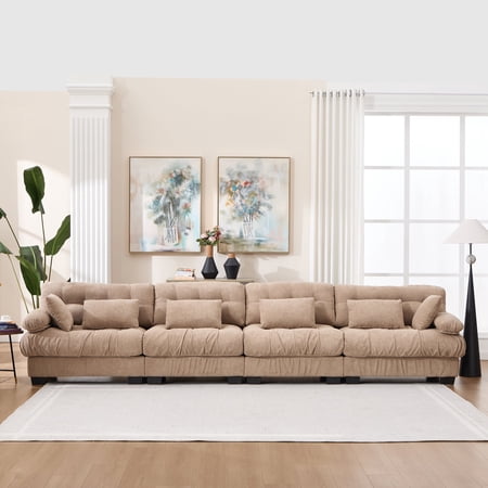 FFZ 158 inch Modular Sectional Sofa with Round Armrests and 6 Pillows, Advanced Flannelette, Light Brown