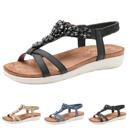 

Cathalem Womens Sandals Rubber Women Sandals Fashion New Pattern Style Rhinestone Decoration Casual Clear Sandals for Women Flat Blue 9