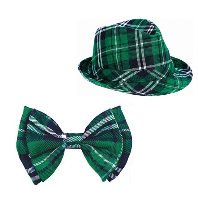 Sombrero del Día de San Patricio Sombrero Fedora de Tela a Cuadros Verde Pajarita y Tirantes Disfraces del Día de San Patricio Accesorios