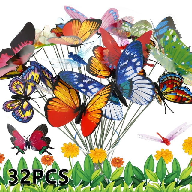32Pcs PVC Colorful Butterfly Insert Pole Simulation Insert Pole Butterfly Crafts Garden Decor Artificial Butterfly Insert Rod Garden Decor DIY Flower Arrangement