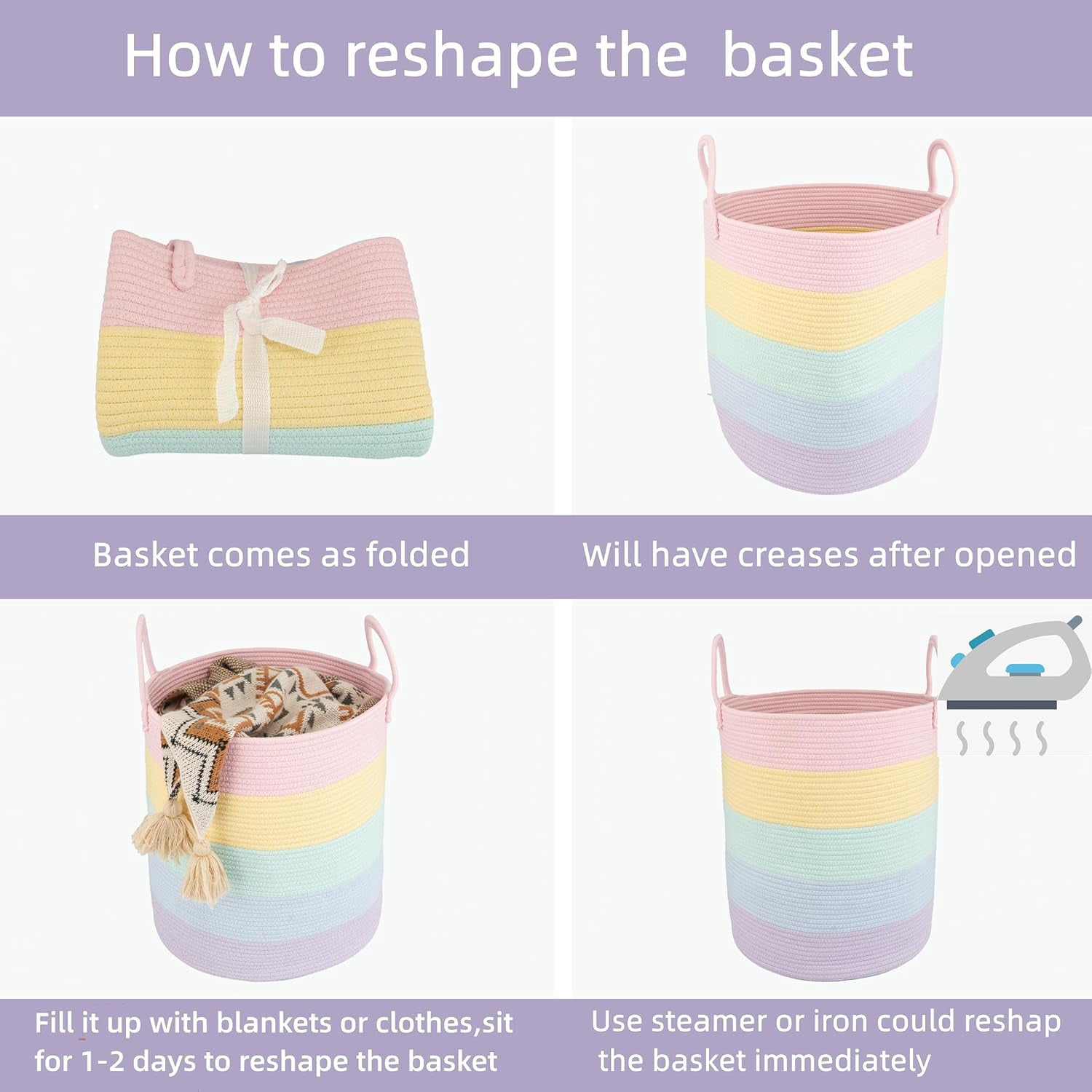 WarmHaven Rope Laundry Basket Hamper for Kids Girl Woven Storage Basket for Living Room Bedroom Boho Tall Baskets for Blanket Toys Pillow Towels Baby Nursery Hamper Bin rainbow
