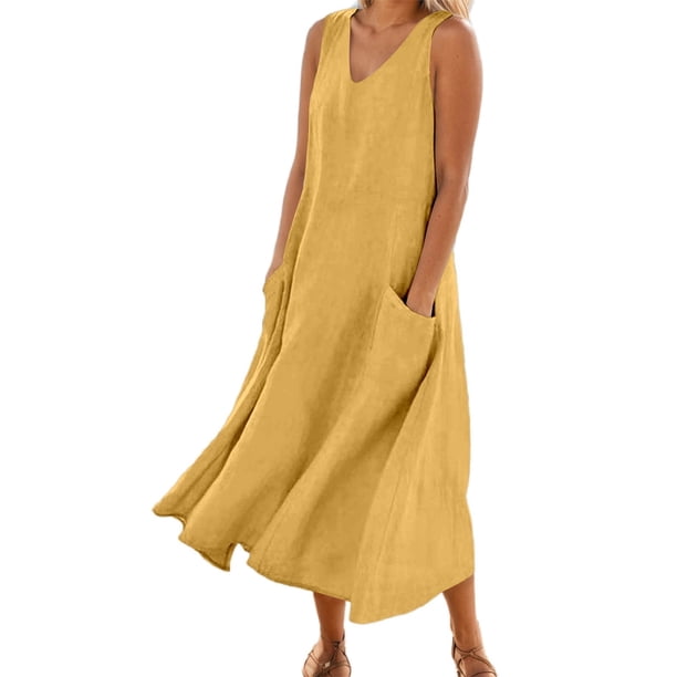 Vestido largo sin mangas con cuello en V y color liso para mujer: corte holgado, bolsillos, vestido informal cómodo para el día a día.