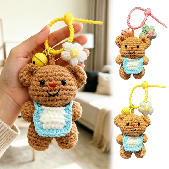 Handmade Crochet Teddy Bear Keychain with Bell & Flower Charm, Cute Knitted Bear Bag Pendant, Portable Key Chain Ornament for Backpack, Ideal Gift for Girls & Kids,Pink