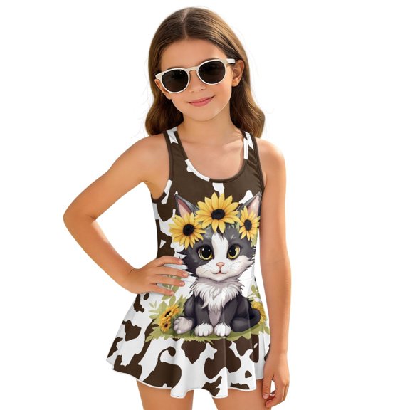 Uourmeti Cute Cartoon Cat Sunflower Skirted One-Piece Swimsuit for Girls - Quick Dry Stretch Swim Dress for Beach & Pool Vacation