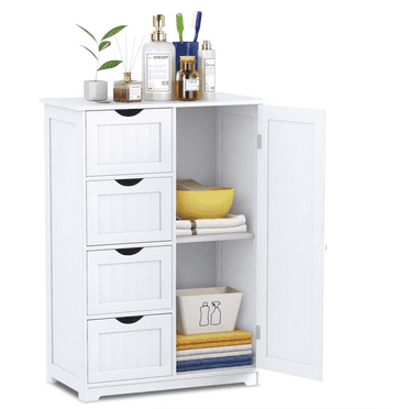 Bathroom Floor Cabinet, Freestanding Storage Organizer with 4 Drawers & Single Door, Adjustable Shelf, Multipurpose Bathroom Cabinet for Home Office, 22 x 12 x 32 Inch