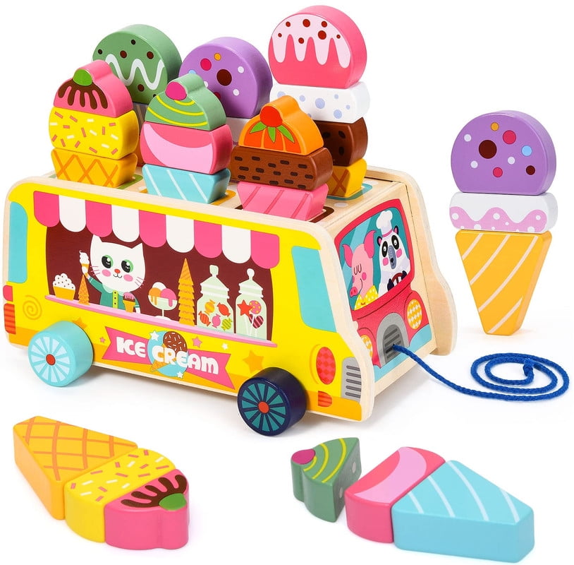 Wooden Ice Cream Cart Toys for Toddlers Pretend Play Food Sorting
