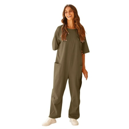 snowsong Women s Jumpsuits  Rompers and Overalls 2024 Hot Women s Stretchy Tee Short Sleeve Pockets V Neck Bodysuit Jumpsuits for Women Plus Size Jumpsuit Jumpsuits Casual (Clearance) Coffee M