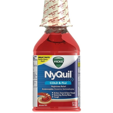 Vicks Nyquil Rhume et grippe secours liquide Nighttime, saveur cerise vanille Swirl (12 oz Paquet de 4)