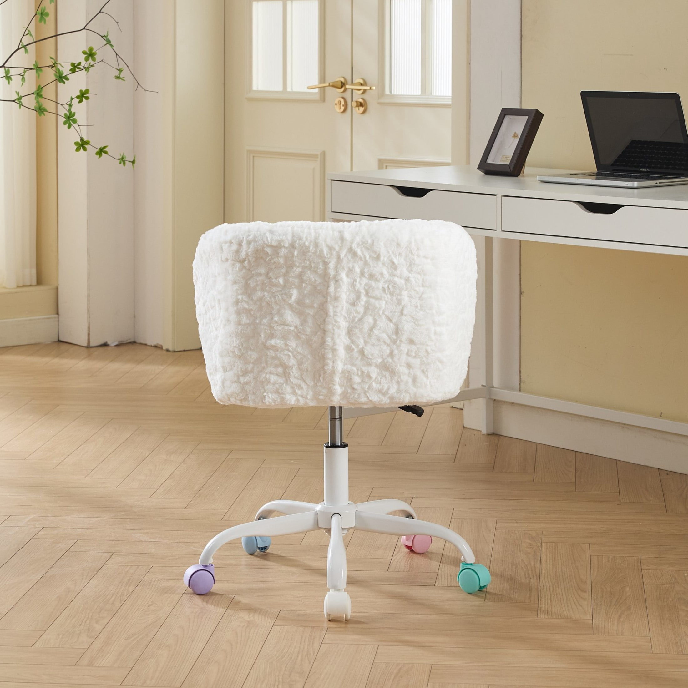 GDF Studio 22.5"W Faux Fur Office Chair with Adjustable Height, Swivel Metal Base, Ivory
