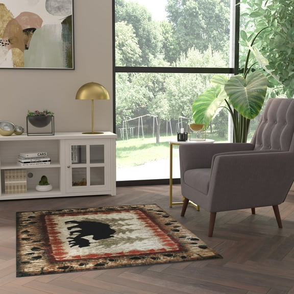 Emma   Oliver 4'x5' Rustic Cabin or Lodge Theme Rug with Bear and Cub Design with Trees in Background and Bear Track Patterned Edges