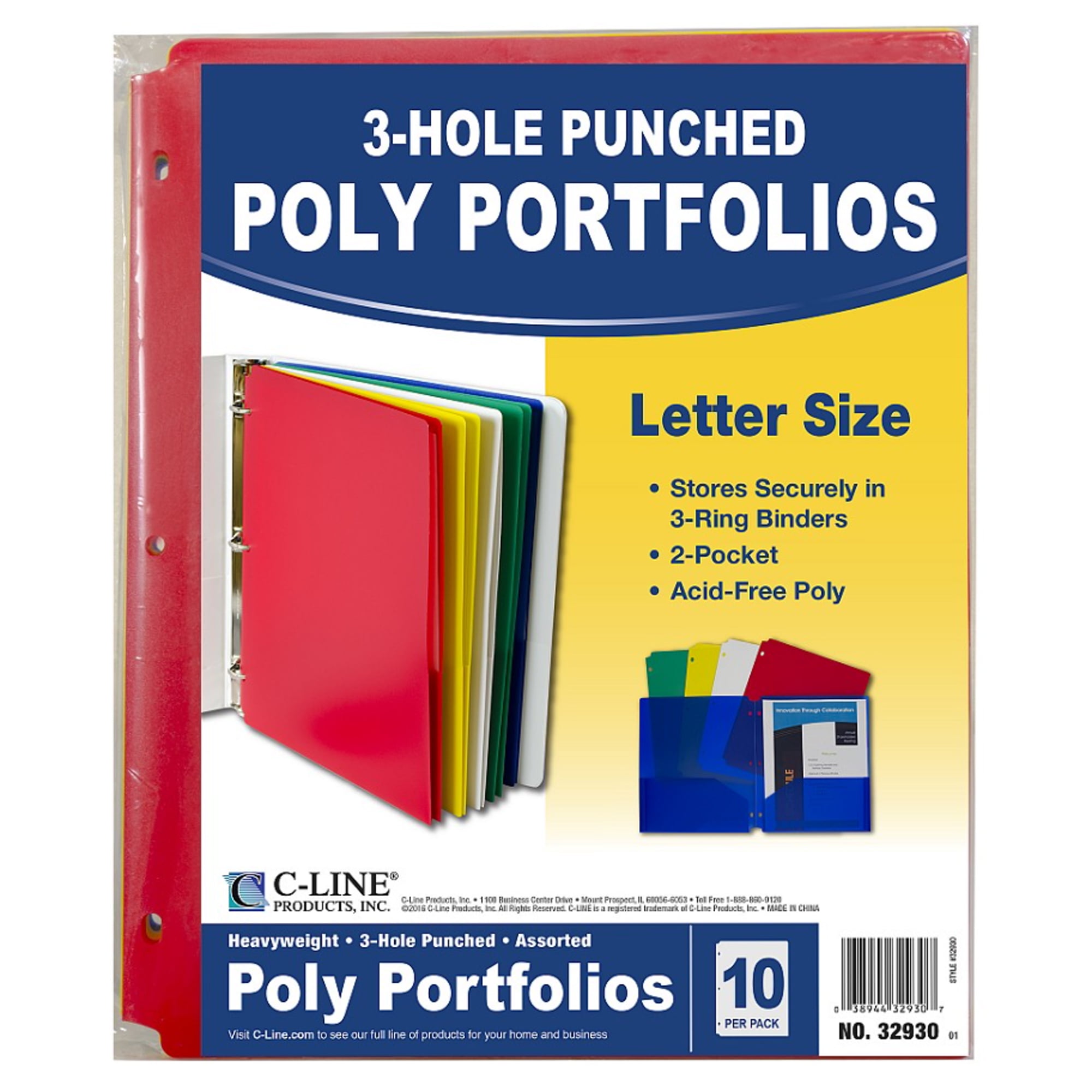 C-Line Two-Pocket Heavyweight Poly Portfolio Folder with Three-Hole Punch, Assorted Primary Colors, 10 Per Pack, 2 Packs