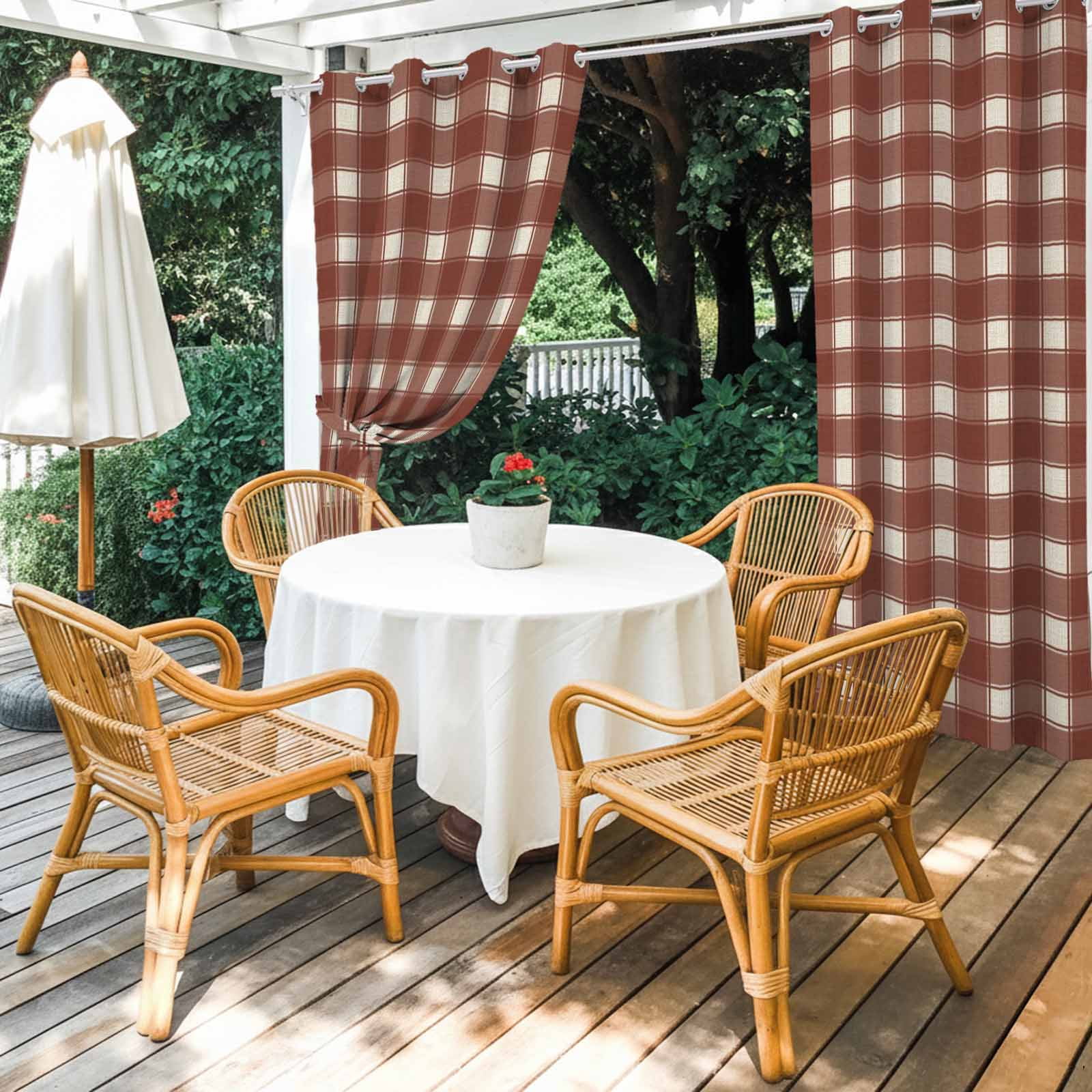 Vintage Red Brown Plaid Outdoor Curtains for Patio, Country Pastoral Farmhouse Checkered Plaid Sunshade Privacy Drapes Grommet Waterproof Outside Curtains for Porch/Cabana/Balcony 54"x 108", 1 Panel