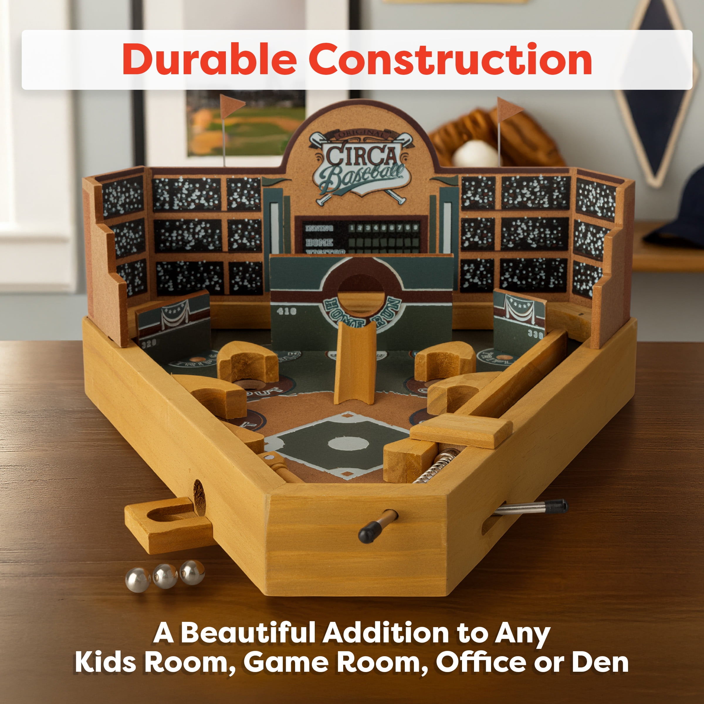 Baseball Pinball Tabletop Games - Classic Miniature Wooden Retro Sports Arcade Toy for Adult Collectors and Children