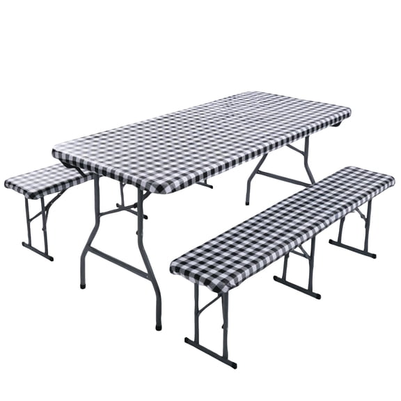 Picnic Table Cover 3-Piece Set Waterproof Stain Resistant Elastic Tablecloth with Bench Covers for Outdoor Patio Camping and Dining