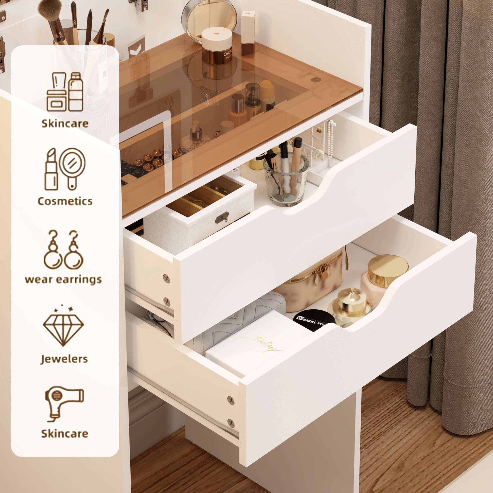 Homy Casa Vanity Table & Bench Set with Flip-Up LED Mirror, Storage Stool, White