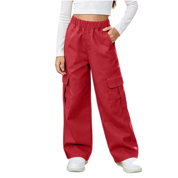 BNOXUT Teen Girl's Cargo Pants Wide Leg Elastic High Waist Child Girl Casual Workout Running Hiking Trousers with Multi-pocket(14-15Years,Red)