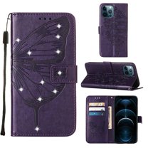 Dteck For iPhone 13 6.1 inch Wallet Case,Diamond Embossed Butterfly PU Leather Full Body Protection Flip Folio Credit Card Slots Holder Kickstand Shockproof TPU Cover.For iPhone 13,Purple