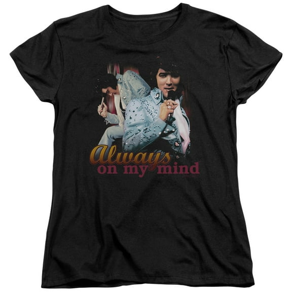Trevco ELV698-WT-2 Elvis Presley & Always on My Mind Womens Short Sleeve T-Shirt, Black - Medium