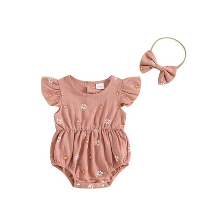 

EYIIYE Baby Summer Rompers Flying Sleeve Floral Romper with Headband