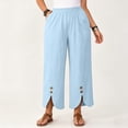 thumbnail image 6 of Thousandth Women's Cotton Linen Pants Casual Summer Elastic Waist Wide Leg Loose Fit Palazzo Pants Cropped Trousers with Button Decor and Slit Hem Daily Wear, 6 of 7