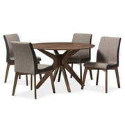 Baxton Studio Kimberly 5 Piece Round Dining Set in Gravel and Walnut