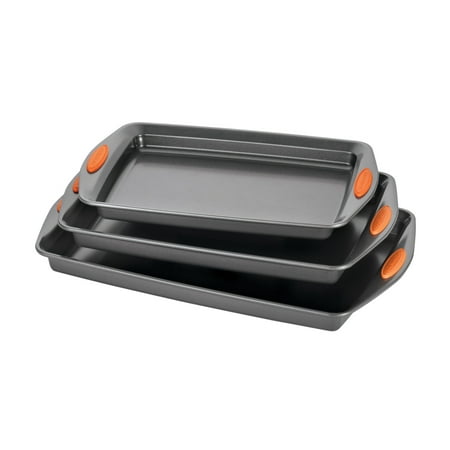

Rachael Ray 3 Pieces Yum-o! Nonstick Bakeware Oven Lovin Cookie Pan Set Gray with Orange Silicone Grips