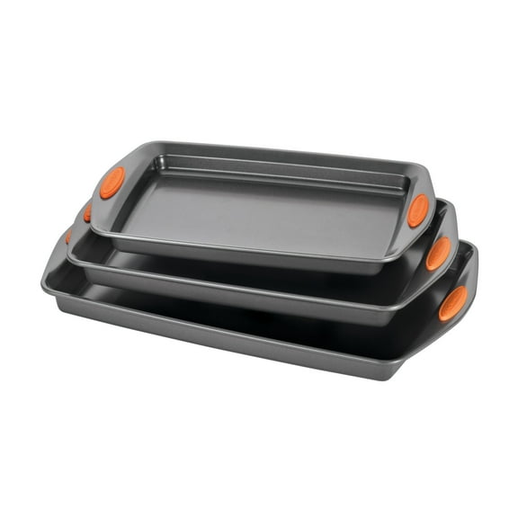Rachael Ray 3 Pieces Yum-o! Nonstick Bakeware Oven Lovin? Cookie Pan Set, Gray with Orange Silicone Grips