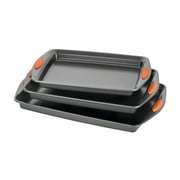 Rachael Ray 3-Piece Yum-o! Nonstick Bakeware Oven Lovin’ Cookie Pan Set, Gray with Orange Silicone Grips