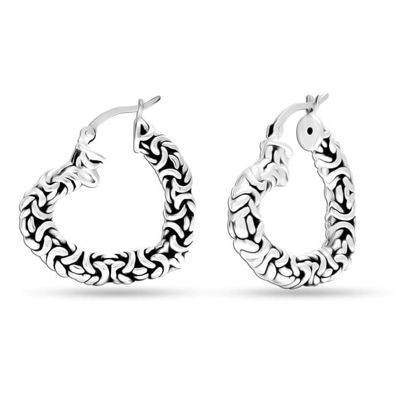 LeCalla 925 Sterling Silver Jewelry Antique Heart Shape Click-Top Byzantine Hoop Earrings for Women and Teen 27MM