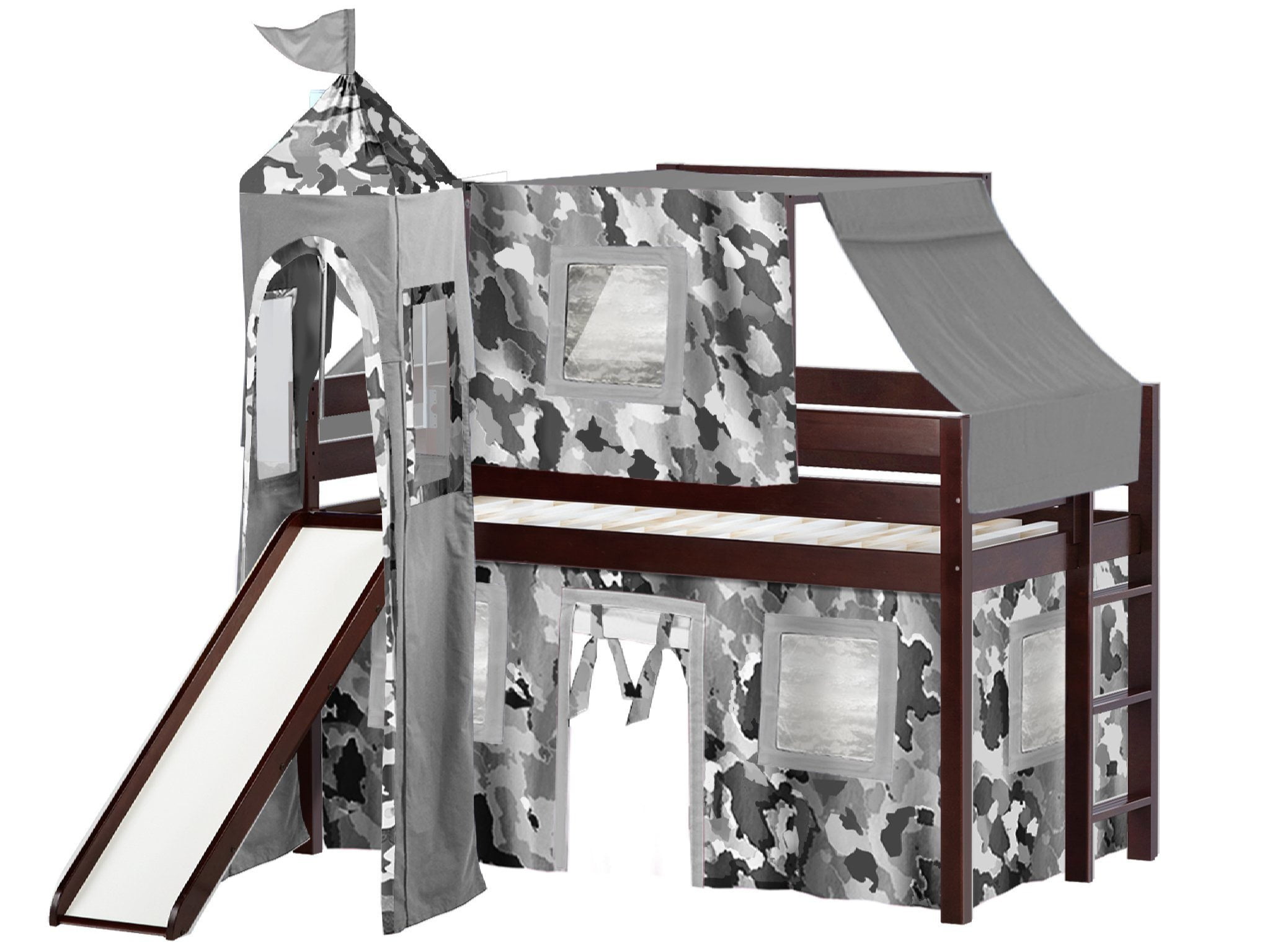 JACKPOT! Castle Low Loft Bed with Slide Gray Camo Tent and Tower Loft