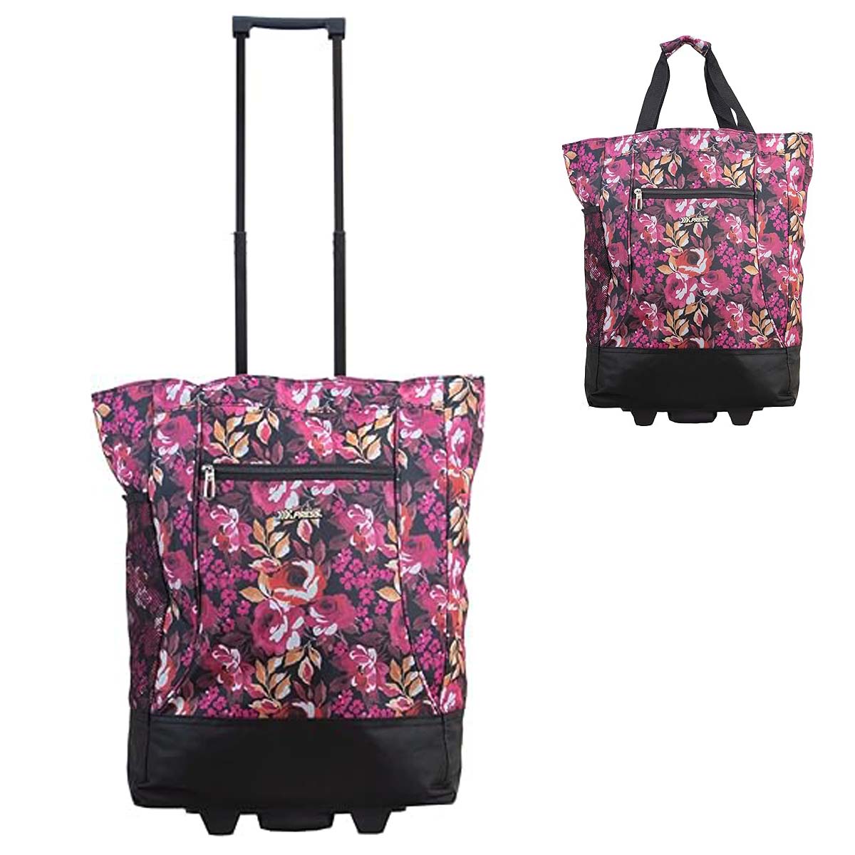 20" Carry-on Rolling Luggage Bag,Print Shopping Bag Tote with Wheels,Portable Grocery Trolley Bag for Short Trips,Beach & Daily Use,Pink Floral - TF023