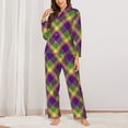 thumbnail image 2 of KLL Mardi Gras Plaid Print Women's Long Sleeve Pajamas with Pants Sleepwear Loungewear 2 Set-Small, 2 of 7