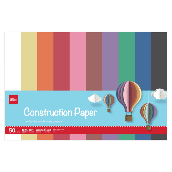 Office Depot® Brand Construction Paper, 12" x 18", 100% Recycled, Assorted Colors, Pack Of 50 Sheets