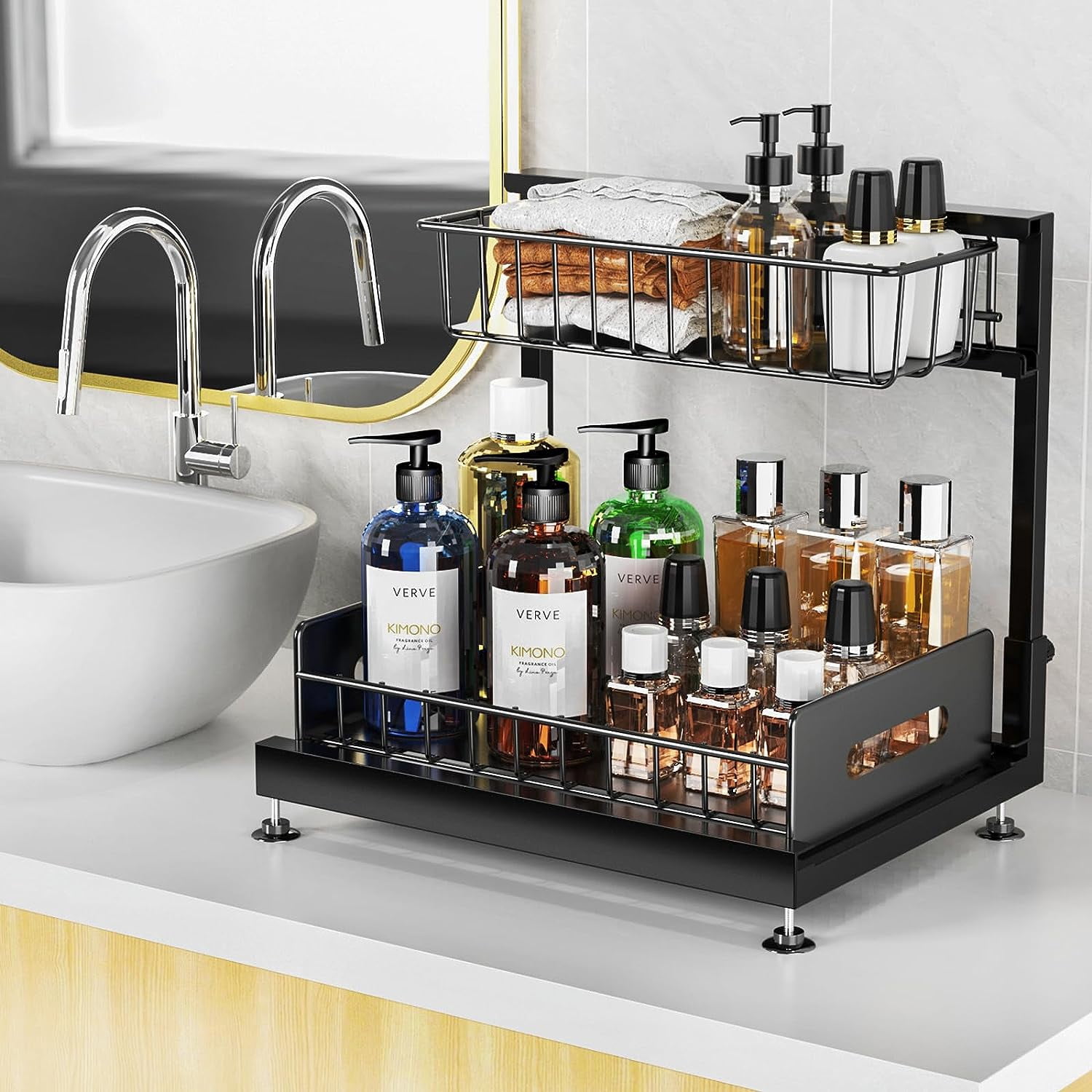 2 Pack Under Sink Organizers, Adjustable L Shape Pull Out Cabinet Storage for Kitchen Bathroom