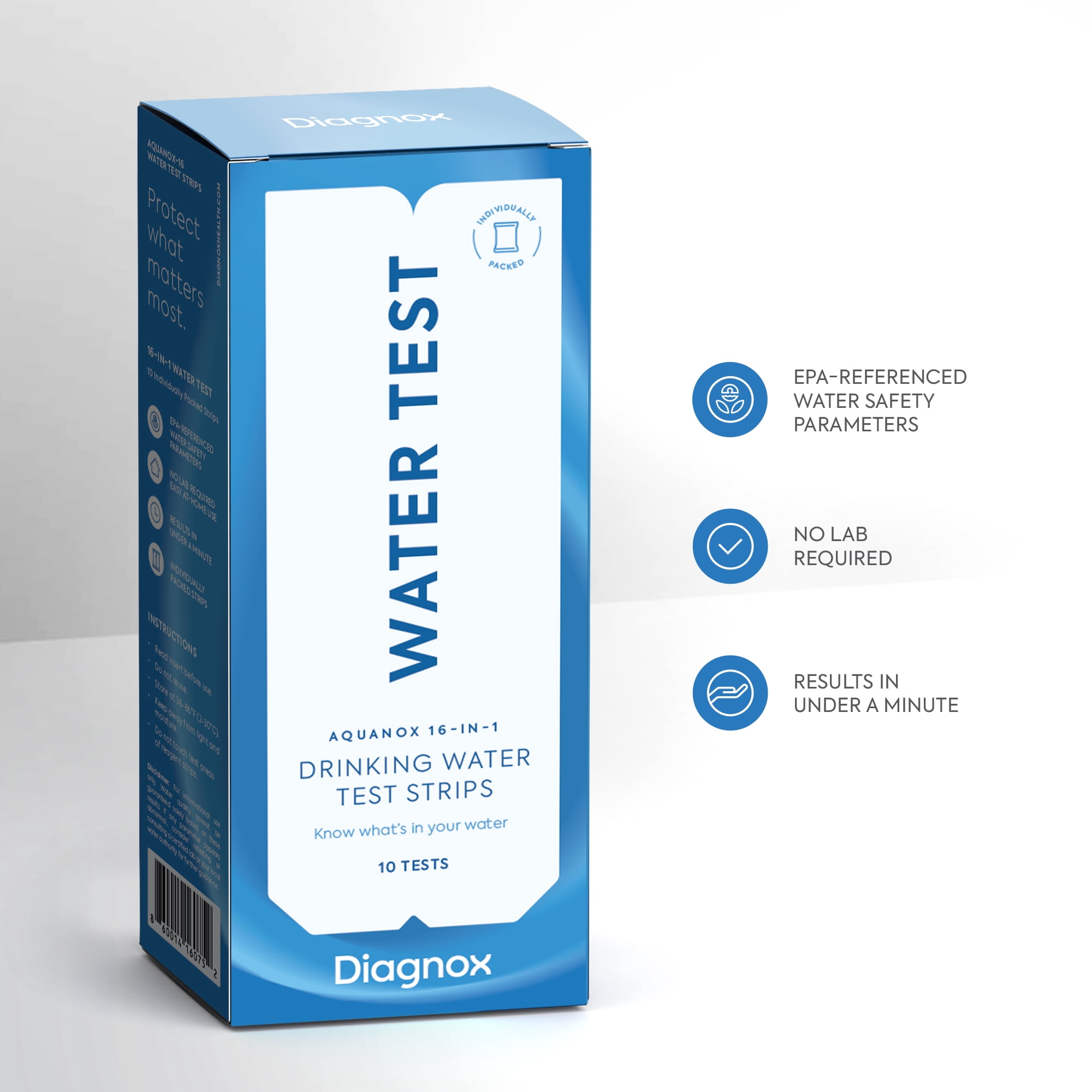 Diagnox Aquanox 16-in-1 Water Quality Test Strips, Individually Packaged and Clinical Grade, 10 Count