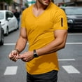 thumbnail image 2 of MIXUE Shirts For Men Summer Solid Color V Neck Short Sleeve Casual Pullover Tops Tee Shirts Holiday Wear,Yellow,XXXL, 2 of 5