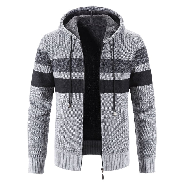 Long Cardigan Autumn And Winter New Men's Color Matching Plus Velvet Plus Size Hooded Cardigan on Clearance