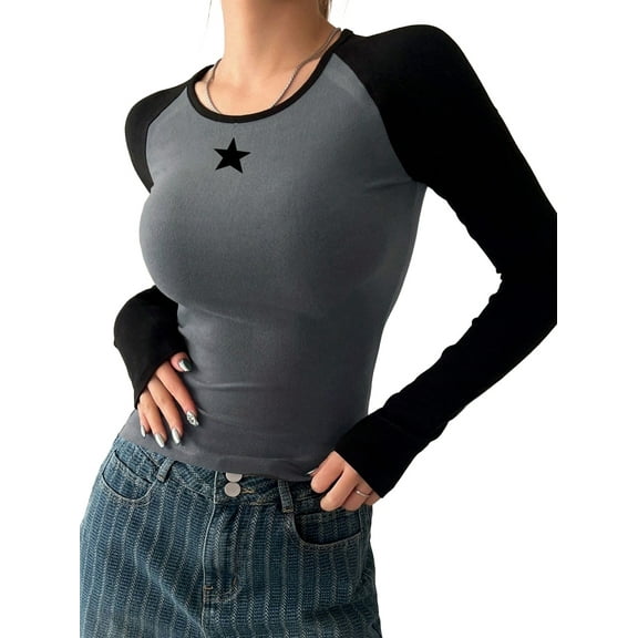 Women'S Long Sleeve Shirts Slim Fit Stretchy Color Block Slightly Cropped Tops Dark Gray Stars M