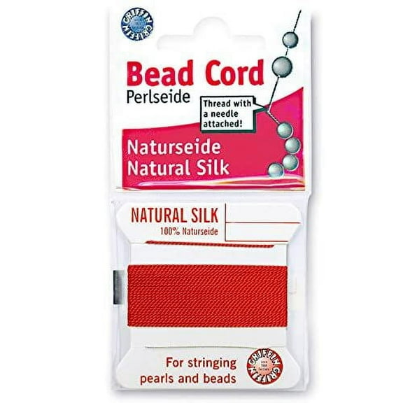 Griffin Silk Bead Cord Perlseide – Red Color – Size 16 (1.05mm) – 2 Meters per Card – Stainless Steel Needle Attached – for Knotting Pearls, Gemstones, Crystals and Beads