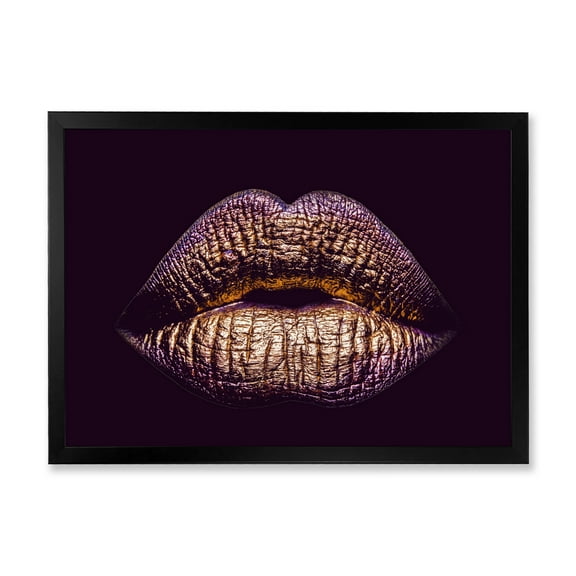 Designart 'Sexy Golden Metallized Woman Lips III' Modern Framed Art Print