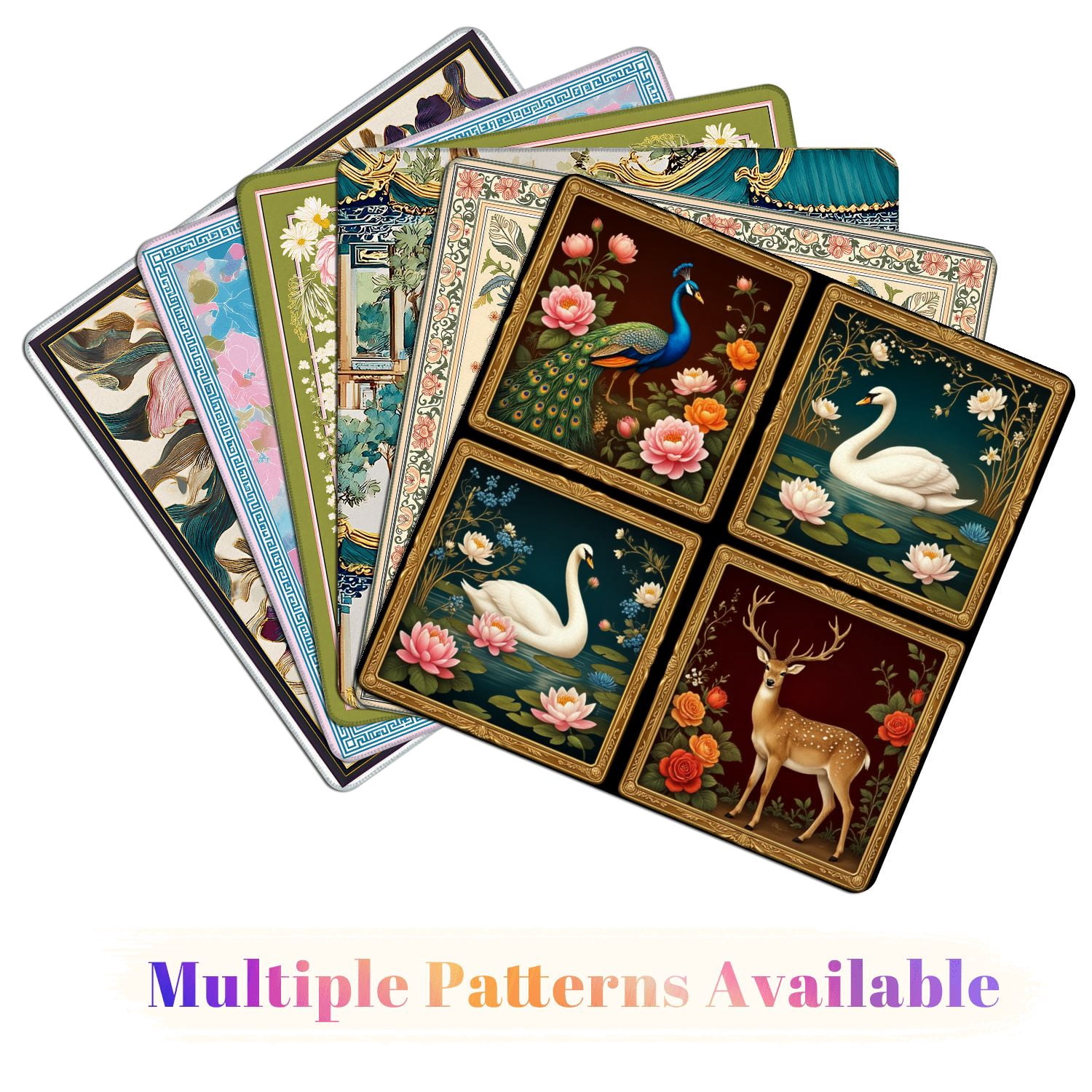 Mahjong Mat 31.5" x 31.5" Peacock Swan Deer Lotus Flowers Roses Classic Botanical Art Style Non-Slip Noise Reduction American Mahjong Tiles Table Cover for Dominoes Poker Card Board Games Gift