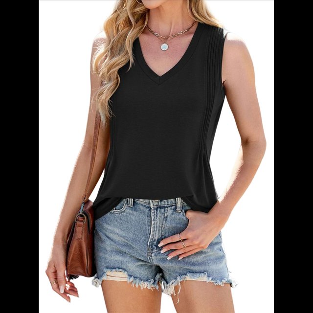 Camisetas Sin Mangas para Mujer, Camisetas de Verano con Cuello en V, Camisetas Estilo Chaleco. Negro M