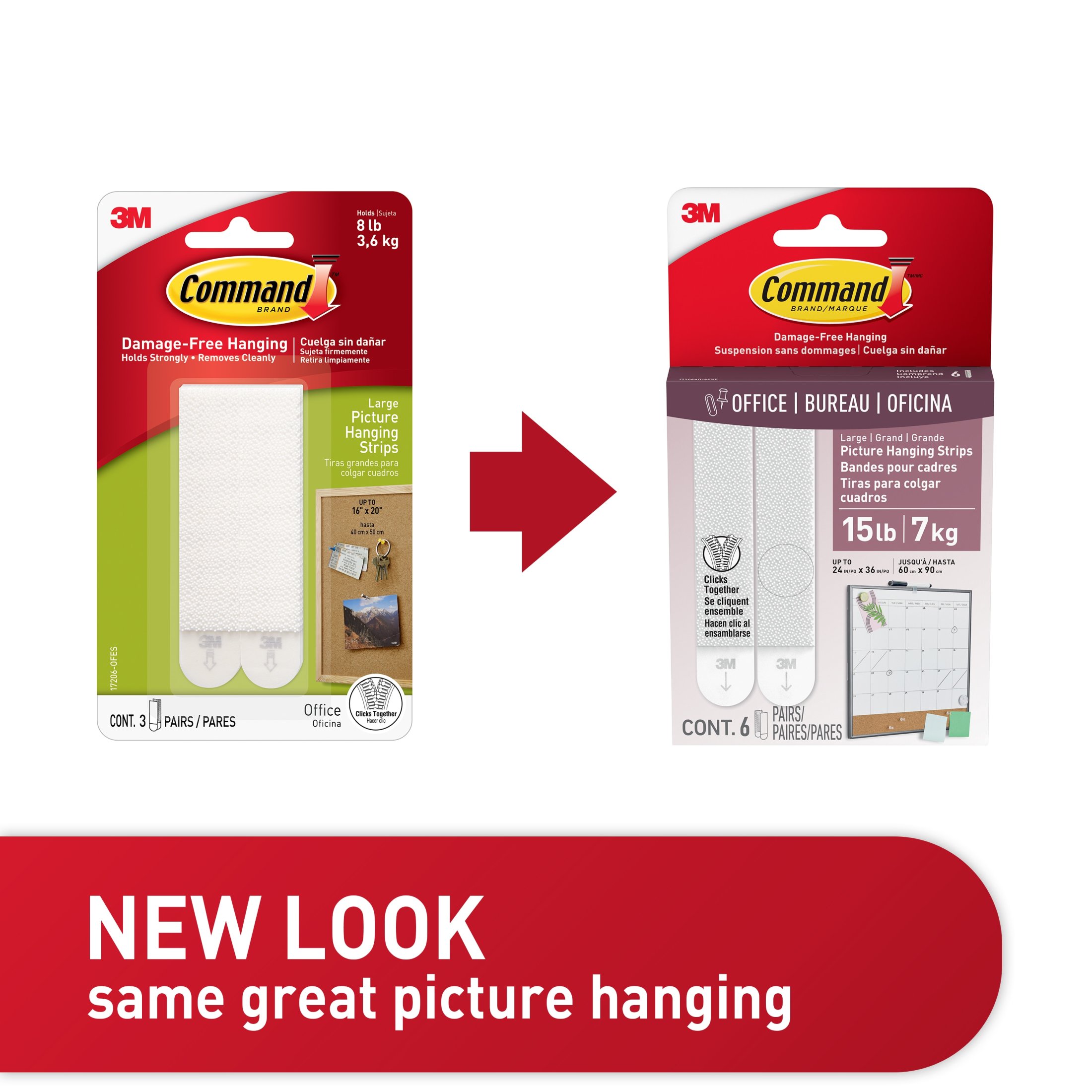 (4 pack) Command Large Picture Hangers, Holds Up to 15 Pounds, White, Damage-Free Hanging, Includes 6 Pairs of Adhesive Strips