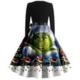 Women's Long Sleeve Christmas Dress with Green Cartoon Print, Festive Holiday Party Dress